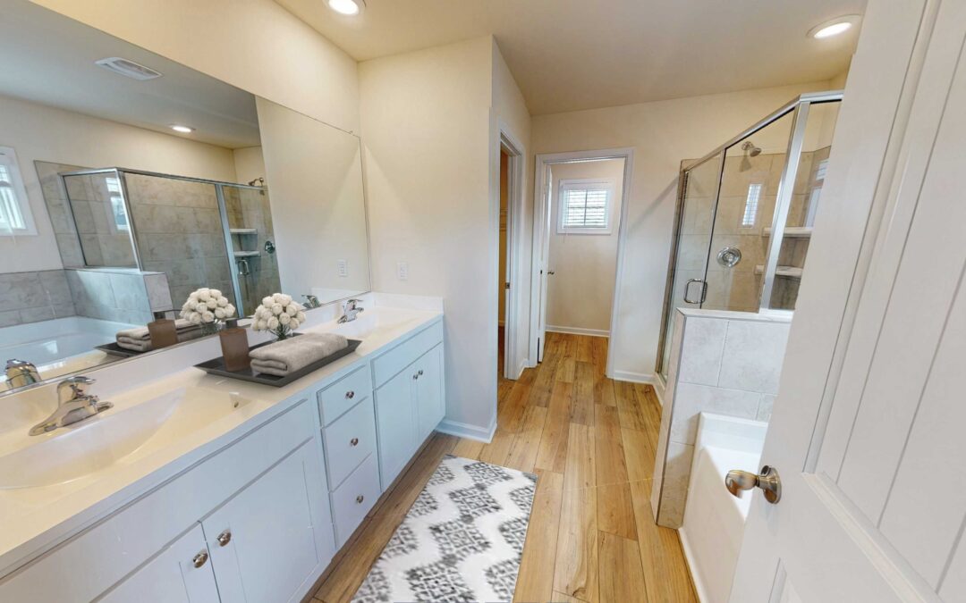 furnished owners suite bathroom in the Aspen by Boyd Homes